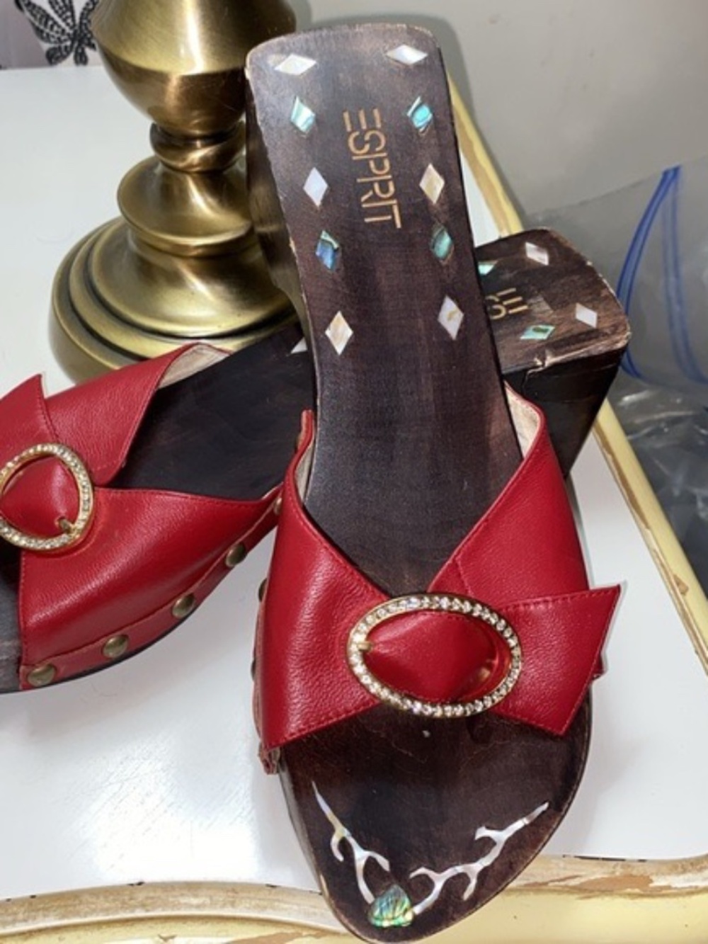 Y2K Esprit Red wooden detailed platform Mules with Decorative Bow